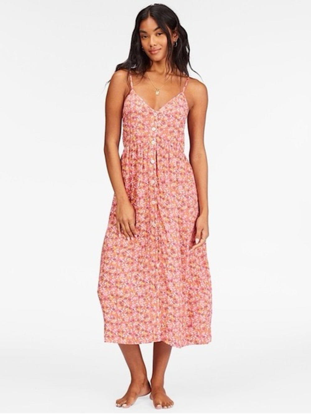 Japna Pink Floral Button-Front Midi Dress